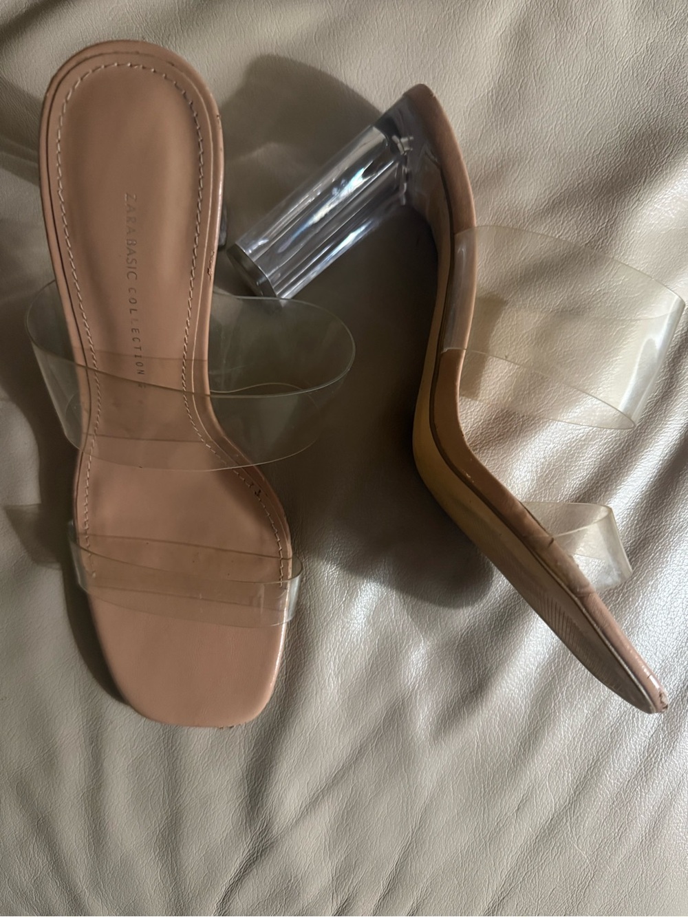 Zara Nude Clear Strap Block Heel Sandals